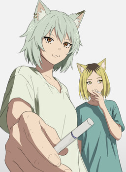:3 cigarette cigarette_in_mouth clothing duo ear_piercing ear_ring eyelashes female green_clothing green_hair green_shirt green_topwear hair holding_cigarette holding_object inner_ear_fluff looking_aside looking_at_viewer object_in_mouth orange_eyes piercing polka_dots pupils ring_piercing sharing shirt short_hair simple_background slit_pupils smile smiling_at_viewer smoking smoking_cigarette topwear tuft white_background plunplun chainsmoker_cat yakuko_etsushimaru yaniko_satou animal_humanoid cat_humanoid felid felid_humanoid feline feline_humanoid humanoid mammal mammal_humanoid 2026 absurd_res digital_drawing_(artwork) digital_media_(artwork) hi_res