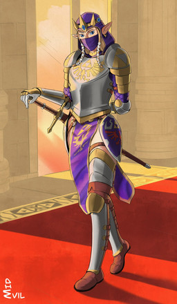armor blonde_hair blue_eyes boots brown_boots brown_clothing brown_footwear clothed clothing crown ear_piercing ear_ring eyelashes female footwear front_view gloves hair handwear headgear humanoid_pointy_ears knight_armor looking_at_viewer mask melee_weapon mouth_mask not_furry piercing pointy_ears purple_clothing purple_hood ring_piercing shoes solo sword tabard tan_body tan_skin thick_thighs weapon white_clothing white_gloves white_handwear wide_hips midevil nintendo the_legend_of_zelda princess_zelda humanoid hylian hi_res
