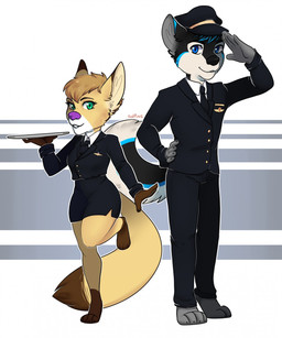 anthro clothed clothing duo female hat headgear headwear looking_at_viewer male smile standing uniform redpixie canid canine mammal hi_res