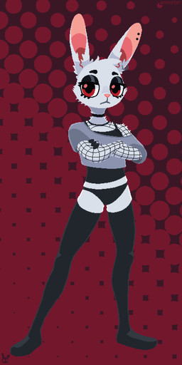 alternative_fashion anthro armwear biped black_choker black_clothing black_ear_piercing black_fingers black_jewelry black_legwear black_necklace black_panties black_shirt black_tank_top black_thigh_highs black_topwear black_underwear choker clothing crop_top crossed_arms ear_piercing ear_ring eyeliner eyeshadow fingerless_(marking) fishnet_armwear fishnet_clothing fishnet_topwear fur goth grey_clothing grey_crop_top grey_shirt grey_topwear halftone_background jewelry legwear lidded_eyes logo long_ears long_legs long_neck looking_at_viewer makeup male narrowed_eyes necklace panties pattern_background piercing pink_nose red_background red_eyes ring_piercing shirt silver_ear_ring simple_background solo squish tank_top thigh_highs thigh_squish topwear underwear white_body white_fur anonster lucas_(anonster) blanc_de_hotot domestic_rabbit lagomorph leporid mammal oryctolagus rabbit 1:2 absurd_res digital_media_(artwork) halftone hi_res pixel_(artwork) watermark