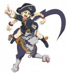 accessory binoculars blonde_hair blue_body blue_eyes blue_fur boots chain clothing coat duo feral footwear fur gesture grey_body grey_fur hair hair_accessory hair_ribbon hand_gesture looking_at_another pigtails pirate pointing ribbons riding scar shoes smile smoking_pipe tongue topwear weapon 6my bandai_namco tales_of_(series) tales_of_vesperia patty_fleur repede canid canine canis domestic_dog human mammal 2019 digital_media_(artwork) hi_res