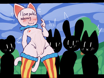 anthro body_writing bodypaint exhibitionism faceless_character faceless_female female group nude nude_anthro pawpads public public_nudity solo white_body trufzn animal_crossing nintendo background_character blanca_(animal_crossing) felid feline mammal