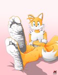 5_toes absurd_res anthro arlioth canid canine clothing detailed_feet feet foot_fetish foot_focus fox gloves gloves_only handwear handwear_only hi_res humanoid_feet looking_at_viewer male male_feet mammal miles_prower mostly_nude nude plantigrade sega simple_background sitting smile soles solo sonic_the_hedgehog_(series) toes wrinkled_feet wrinkles yellow_body