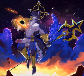 anthro bareback big_muscles big_pecs black_body black_fur black_hole black_nose blue_body blue_claws blue_fur claws clothing fingers fluffy fluffy_tail fur galaxy genitals male muscular muscular_anthro muscular_male pecs penis solo tail text tuft underwear walking white_body white_fur yellow_eyes n-art thunderrangers archermagnum canid canine canis mammal wolf absurd_res digital_media_(artwork) hi_res
