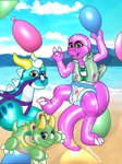 anthro balloon beach clothed clothing cloud diaper feral gesture group hand_gesture happy harness holding_balloon inflatable inflatable_toy looking_at_viewer male open_mouth pattern_diaper pool_toy pull-ups_(diaper) sea sky swim_ring swim_ring_with_face swim_vest tail trio v_sign water wearing_diaper mezzolyfox mythology zoran animate_inanimate ceratopsian dinosaur dragon living_inflatable mythological_creature mythological_scalie ornithischian prehistoric_species reptile scalie theropod triceratops tyrannosaurid tyrannosauroid tyrannosaurus tyrannosaurus_rex 3:4