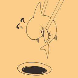 ambiguous_feral ambiguous_gender blush blush_stickers chibi chopsticks dorsal_fin feral fin gills lifted odorigui pectoral_fin plate question_mark side_view simple_background solo tail tail_fin mukomizu_kintora same_(mukomizu) aquatic fish shark 2014 icon line_art