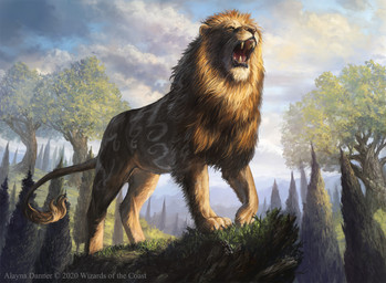 brown_body brown_fur cloud day detailed_background feral fur grass hair looking_up male mane mane_hair open_mouth outside plant roaring sharp_teeth solo standing tail teeth tree whiskers alayna_danner hasbro magic:_the_gathering wizards_of_the_coast felid lion mammal pantherine 2020 colored detailed digital_drawing_(artwork) digital_media_(artwork) full-length_portrait hi_res official_art portrait shaded