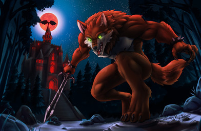 anthro biceps blade bodily_fluids bracelet brown_body brown_fur castle claws detailed_background dripping drooling feet forest full_moon fur glowing glowing_eyes green_eyes hair holidays jewelry looking_at_viewer male mane mane_hair melee_weapon membrane_(anatomy) membranous_wings moon multicolored_body multicolored_fur muscular muscular_anthro muscular_male night nipples nude open_mouth outside pawpads paws pecs plant red_moon saliva saliva_drip scruffy sky snarling solo spikes star sword tail tan_body tan_fur teeth toe_claws toes tongue tree two_tone_body two_tone_fur weapon wings howlfeiwolf halloween mythology jake_(drakmear) bat canid canine canis mammal monster mythological_canine mythological_creature werecanid werecanine werecreature werewolf wolf absurd_res detailed digital_media_(artwork) hi_res