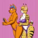 anthro blue_eyes blush bra clothing duo female gender_transformation hair half-closed_eyes looking_back mtf_transformation multicolored_hair narrowed_eyes navel open_mouth panties simple_background smile transformation underwear rileyomalley dustyfoxy orio_(orioles03) canid canine felid feline fox lynx mammal 1:1 2015