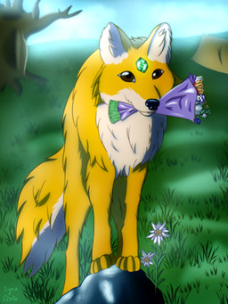ambiguous_gender asian_pigeonwings_(flower) big_tail bloom bouquet brown_eyes chrysanthemum cloud detailed_background edelweiss feral flower fluffy forehead_gem fur gem glistening glistening_eyes glistening_nose glowing_gem grass green_gem holding_object_in_mouth inner_ear_fluff multicolored_body myrtle_(flower) object_in_mouth orchid_(flower) outside pansy_(flower) plant rue solo standing standing_on_rock tail tan_body tan_coundershading tan_fur tan_inner_ear_fluff tent tree tuft tulip_(flower) two_tone_body two_tone_tail violet_(flower) yellow_body yellow_fur yellow_tail isan stellaamoris isan_(character) canid canine canis mammal wolf 3:4 absurd_res hi_res