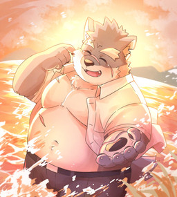 anthro belly blush eyebrows fur grey_body grey_fur male overweight partially_submerged scar sea smile solo sunset thick_eyebrows water kojitsunamayo lifewonders tokyo_afterschool_summoners moritaka_(tas) canid canine canis domestic_dog mammal hi_res