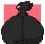 anthro big_butt black_body black_butt black_ears black_tail butt butt_focus female glistening glistening_body glistening_butt huge_butt huge_hips huge_thighs hyper hyper_butt looking_at_viewer looking_back nude outline rear_view red_eyes simple_background smile solo tail thick_thighs wide_hips ekkokenight batt_the_bat bat mammal digital_media_(artwork) hi_res