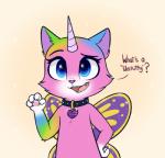 anthro blue_eyes claws collar collar_tag cute_fangs eyelashes fangs female heart_collar_tag heart_nose heart_symbol heart_tag horn pink_nose rainbow_claws semi-anthro simple_background solo teeth text wings higglytownhero nickelodeon rainbow_butterfly_unicorn_kitty felicity_(rainbow_butterfly_unicorn_kitty) chimera domestic_cat felid feline felis mammal english_text