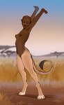 bald breasts brown_body brown_skin dark_nipples eyes_closed female nipples nude pointy_ears small_breasts solo stretching tail_tattoo tattoo zlatavector khiladarah felid feline humanoid lomibu mammal absurd_res hi_res