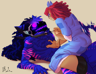 4_ears anthro breasts butt clothed clothing collar doll dominant dominant_female duo female fur hair machine male male/female multi_ear rag_doll_(toy) red_hair simple_background tail tail_motion tailwag lazaxus glitch_productions the_amazing_digital_circus astra_sidereum ragatha_(tadc) animate_inanimate humanoid living_doll protogen hi_res