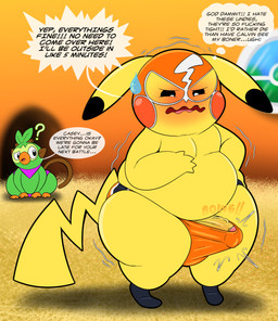 anthro big_butt biped blush bodily_fluids bulge butt clothed clothed_anthro clothed_male clothing cosplay_pikachu_(costume) detailed_bulge dialogue duo embarrassed erection erection_under_clothing erection_under_underwear footwear genitals humanoid_genitalia humanoid_penis kerchief looking_down male male_anthro mask motion_lines onomatopoeia overweight overweight_male panties penis profanity shoes shortstack shortstack_male slightly_chubby sound_effects speech_bubble sports_mask sportswear sweat sweatdrop text thick_thighs thought_bubble underwear wide_hips wrestler wrestling_mask yelling tepigfan101 nintendo pokemon pokemon_mystery_dungeon spike_chunsoft calvin_(tepigfan101) casey_(tepigfan101) pikachu_libre generation_1_pokemon generation_8_pokemon grookey pikachu pokemon_(species) 2026 absurd_res digital_media_(artwork) english_text hi_res