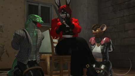 angry anthro arms_tied assassin ball_gag bandage bdsm belt bondage boots bottomwear bound bowie_knife breasts brown_body brown_fur brown_hair chair choker cleavage clothed clothing electronics evil_grin female footwear fur furniture gag gagged gesture gloves green_body green_scales group hair hand_gesture hands_behind_back handwear holding_knife holding_melee_weapon holding_object holding_weapon hostage jacket jewelry knife leather leather_boots leather_bottomwear leather_clothing leather_footwear leather_jacket leather_pants leather_topwear legs_tied looking_at_viewer male melee_weapon multicolored_body multicolored_fur navel necklace pants purple_eyes red_hair restraints rope rope_bondage scales shirt shoe_buckles shoes shush smile submissive submissive_male television topwear trio weapon window yellow_eyes thevestige petruz_(modeler) iris_(thevestige) rabbit_(petruz) rat_(petruz) snake_(petruz) lagomorph leporid mammal murid murine rabbit rat reptile rodent scalie snake 16:9 3d_(artwork) digital_media_(artwork) hi_res source_filmmaker_(artwork) widescreen