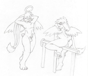 anthro anus armpit_hair backsack balls big_ears biped body_hair butt claws erection eyewear feathered_wings feathers fur glasses hair halo hands_behind_head looking_at_viewer male nipples nude penis pole pose presenting presenting_hindquarters simple_background solo standing toe_claws vein white_background wings packmind steele_ferrum angel oonzucht 2009 pinup sketch