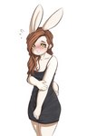 anthro blush bodily_fluids breasts brown_hair cleavage clothed clothing crying eyebrows eyelashes female fingers freckles hair simple_background solo standing tears white_background yellow_eyes alasou lagomorph leporid mammal rabbit 2021 digital_media_(artwork) hi_res