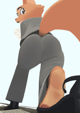 anthro barefoot bottomwear business_suit butt clothed clothing countershade_feet countershading eyebrows eyelashes feet female foot_focus footwear fur heelpop high_heels humanoid_feet kneeling looking_at_viewer looking_back looking_back_at_viewer loose_footwear low-angle_view office_clothing on_one_knee one_shoe_on orange_body orange_fur pants pawpads picking_up_papers plantigrade plantigrade_pawpads rear_view shoes soles solo suit tail el-k dreamworks the_bad_guys diane_foxington canid canine fox mammal 2026 absurd_res hi_res signature