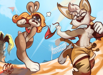annoyed anthro beach bikini bikini_bottom bikini_top bottomless clothed clothing covering covering_crotch duo embarrassed female humor laughing_at_another male running_away swimming_trunks swimwear two-piece_swimsuit undressing_another coffekat felid feline lagomorph leporid lynx mammal rabbit 2026 hi_res