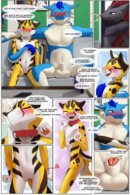 andromorph animal_genitalia anthro balls blue_eyes blush bodily_fluids border butt collar dialogue entwined_tails genital_fluids genitals intersex intersex/male leaking_precum male nude penis precum profanity sheath sitting tail tail_coil text trainer_role_reversal vulva white_border steel_cat mythology nintendo pokemon steel_cat_(character) domestic_cat dragon felid feline felis generation_5_pokemon mammal mythological_creature mythological_scalie pokemon_(species) scalie zoroark 2:3 comic english_text hi_res
