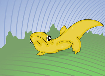 ambiguous_gender black_eyes derp_eyes feet feral grass humor monotone_body music plant scales solo tail toes walk_cycle walking yellow_body yellow_scales hopfel amphibian gecko lizard reptile salamander scalie 2013 animated animated_webp loop