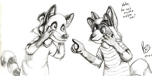 ambiguous_anthro ambiguous_gender anthro clothed clothing duo logo mask shirt simple_background t-shirt topwear wearing_mask young young_ambiguous young_anthro pandapaco art_(pandapaco) biro_(pandapaco) 2011 artist_logo dated monochrome signature sketch