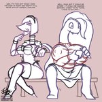 anthro bench big_breasts bottomwear breast_outline breasts bus_seat chair clothed clothing dialogue duo electronics fangs female furniture hair huge_breasts imminent_transformation jewelry long_neck looking_at_object looking_at_phone necklace nipple_outline on_chair outside phone pre-transformation sitting sitting_on_chair skirt tail teeth text underwear_straps unexpected upskirt frooby reptile scalie english_text hi_res