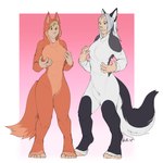 animal_ears anthro blue_eyes breast_growth breasts brown_eyes clothed clothing digitigrade duo female female/female fur gender_transformation grey_body grey_fur growth gynomorph intersex intersex/intersex kigurumi male male/male merge_tf merging onesie orange_body orange_fur skinsuit standing surprise tight_clothing transformation transformation_sequence white_body white_fur narusewolf helluva_boss mythology loona_(helluva_boss) animal_humanoid canid canid_demon canine canis demon fox hellhound human humanoid mammal mythological_canine mythological_creature wolf hi_res