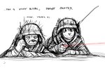 anthro duo female laser_pointer military military_helmet on_ground soldier solo text warrior hladilnik peggy_patterson samantha_thott canid canine canis domestic_dog fox mammal 2023 english_text hi_res sketch