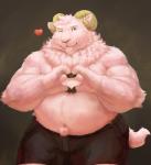 anthro belly chubby_cheeks clothed clothing fur gesture heart_gesture heart_symbol horn male navel one_eye_closed overweight overweight_anthro overweight_male pink_body pink_fur smile solo topless wink cinna-tree bovid caprine mammal sheep hi_res