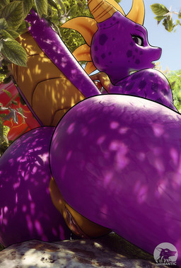 anthro bodily_fluids butt crossgender dripping female genital_fluids genitals horn humanoid_genitalia humanoid_vulva looking_at_viewer looking_back low-angle_view mtf_crossgender nude open_mouth outdoor_nudity outside plant presenting presenting_hindquarters presenting_vulva purple_body purple_scales raised_tail rear_view rock scales shadow solo tail tree vaginal_fluid_drip vaginal_fluids vulva furromantic activision mythology spyro_the_dragon spyro dragon mythological_creature mythological_scalie reptile scalie 2021 3d_(artwork) digital_media_(artwork) hi_res