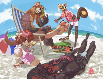 3_toes 5_fingers 5_toes abs aloha_shirt anthro ball beach beach_ball black_body black_hair blonde_hair brown_body cigarette claws clothed clothing ear_piercing eyewear facial_piercing fangs feet fingers foot_focus footwear golden_fangs group hair hat headgear headwear highlights_(coloring) humanoid_feet inflatable long_hair looking_at_viewer male muscular muscular_anthro muscular_male nipples nose_piercing nose_ring open_mouth orange_hair outside pattern_clothing pattern_shirt pattern_topwear pawpads pecs piercing plantigrade red_eyes red_hair ring_piercing sand sandals sea shirt shirtless_male shoes size_difference slim small_waist sombrero sunglasses swimsuit_only swimwear tank_top teeth toes topwear water white_body yellow_eyes xdarkspace mythology ravios raxan_(xdarkspace) stoven_(xdarkspace) bat canid canid_demon canine canis demon hellhound hybrid kangaroo macropod mammal marsupial mythological_canine mythological_creature wolf absurd_res digital_media_(artwork) hi_res