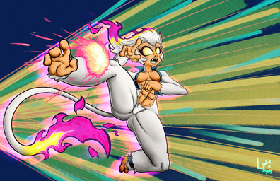 abs action_pose ball breasts butt clothing crotch_tuft fangs feet female fire flaming_hair flaming_tail fur glowing glowing_hair glowing_tail hair kick motion_lines muscular pose prehensile_feet pseudo_hair solo tail tan_body teeth toes topwear tuft vest white_body white_fur white_hair yellow_eyes fuzzycogs league_of_legends riot_games teamfight_tactics tencent haplorhine mammal monkey primate absurd_res hi_res