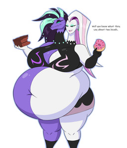 2_heads anthro belly big_belly big_breasts black_bra black_clothing black_eyeshadow black_hair black_sclera black_underwear blue_body blue_skin bra breasts cake candy chocolate chocolate_cake cleavage_cutout clothing cutout dessert dialogue eyeshadow female food gloves_(marking) green_eyes green_eyeshadow green_hair hair holding_cake holding_doughnut holding_food holding_object jewelry keyhole_bra keyhole_clothing keyhole_underwear makeup markings multi_head navel necklace obese obese_female open_mouth overweight overweight_female pink_hair solo split_color_body text underwear white_body white_hair white_skin mizz-britt hellaverse helluva_boss leviathan_(helluva_boss) animal_humanoid aquatic aquatic_humanoid demon humanoid absurd_res english_text hi_res