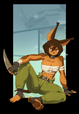 5_fingers 5_toes abs anthro arm_support arm_wraps barefoot belt big_breasts bottomwear breasts brown_body brown_fur brown_hair brown_nails brown_pawpads chest_wraps cleavage clothed clothing collar colored_nails dagger feet female fingerless_gloves fingers footwear fur gloves hair handwear holding_knife holding_object holding_weapon humanoid_feet humanoid_hands knife looking_at_viewer melee_weapon midriff muscular muscular_female nails orange_eyes pants pawpads plantigrade serious_face short_hair sitting socks soles solo stirrup_legwear stirrup_socks toes weapon wraps difman dog_knight_rpg rory_(ceehaz) canid canine canis dobermann domestic_dog mammal pinscher 2022 hi_res signature