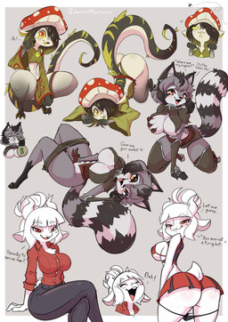 anthro bangs bedroom_eyes big_breasts big_butt biped blush breasts butt clothed clothing crossed_legs dialogue female female_anthro fur grey_body grey_fur group half-closed_eyes holding_breast looking_at_viewer lying narrowed_eyes open_mouth open_smile red_eyes seductive smile text thick_thighs tongue trio white_body white_fur wide_hips yellow_eyes jasminthemanticore helltaker goat_lucifer_(helltaker) bovid caprine goat mammal procyonid raccoon 2023 absurd_res cel_shading digital_drawing_(artwork) digital_media_(artwork) english_text handwritten_text hi_res multiple_images shaded