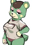 anthro black_nose breasts brown_hair clothing eyelashes female fur green_body green_ears green_fur green_tail hair open_mouth pawpads paws shirt simple_background smile solo sports_panties sportswear standing tail tongue topwear white_background yellow_body yellow_fur yellow_inner_ear oposa animal_crossing nintendo charlise_(animal_crossing) bear mammal absurd_res hi_res