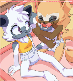 anthro barefoot brown_body brown_fur clothed clothing diaper duo exposed_diaper eyes_closed feet female female_anthro fur grey_body grey_fur hug object_in_mouth pacifier pacifier_in_mouth playpen purple_eyes smile tail tail_hug topless topless_female white_body white_fur yellow_body yellow_fur paddedulf idw_publishing sega sonic_the_hedgehog_(comics) sonic_the_hedgehog_(idw) sonic_the_hedgehog_(series) tangle_the_lemur whisper_the_wolf canid canine canis lemur mammal primate procyonid raccoon ring-tailed_lemur strepsirrhine wolf absurd_res hi_res
