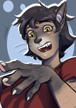 black_hair breasts claws clothing female fingerpads fur grey_body grey_fur hair human_to_anthro looking_down open_mouth pawpads red_clothing red_shirt red_topwear shirt short_hair simple_background solo species_transformation surprised topwear transformation whiskers yellow_eyes moomaid domestic_cat felid feline felis human mammal 2026 absurd_res digital_media_(artwork) half-length_portrait hi_res portrait