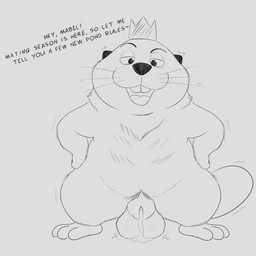 balls_blush blush body_blush crown feral fur genitals headgear looking_at_viewer male nude presenting simple_background smile solo tail teeth whyvern disney hoppers_(disney) pixar king_george_(hoppers) beaver mammal rodent 1:1 2026 absurd_res digital_media_(artwork) hi_res monochrome sketch