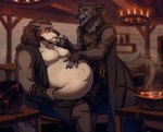 anthro belly belly_rub belly_squeeze belt big_belly bloated bottomless bottomwear cloak clothed clothing duo embarrassed feeder feederism feeding festival food food_fetish force_feeding forced fur grey_body grey_fur hair homebrew jewelry kilt leather leather_clothing leather_topwear leather_vest lovers_moment lustful_gaze male male/male overweight overweight_male pained_expression pendant red_eyes shirtless_male shy sitting spoon_in_mouth tavern tied_hair topwear topwear_only vest vest_only weight_difference yellow_eyes miramint mythology garm_ahlgren ulrik_eklund canid canine mammal mauken mythological_canine mythological_creature werecanid werecanine werecreature werewolf absurd_res hi_res