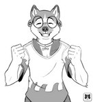 anthro clothing collar collarbone fur gael_akita male markings shy_pose solo spots spotted_body spotted_fur gael kathai akita akita_inu canid canine canis domestic_dog mammal spitz absurd_res digital_drawing_(artwork) digital_media_(artwork) half-length_portrait hi_res monochrome portrait sketch