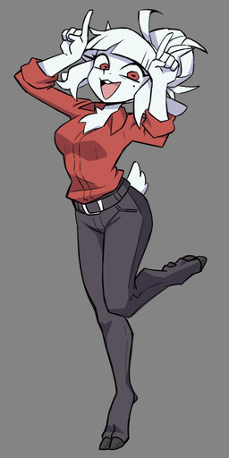 alternate_form alternate_species anthro bottomwear clothing collared_shirt dress_shirt female fur furrification grey_background hair hooves long_sleeves markings mole_(marking) mole_under_eye pants red_eyes shirt simple_background solo topwear white_body white_fur white_hair flowerpigeon73 helltaker goat_lucifer_(helltaker) bovid caprine demon goat mammal 1:2 2020 hi_res