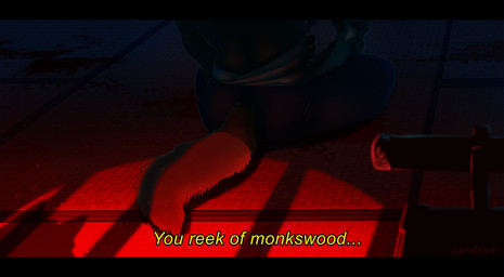anthro bandage biped blood bodily_fluids claws dark light male melee_weapon offscreen_character shadow silhouette sitting solo sword tatami text weapon wounded conditional_dnp sefeiren canid canine canis mammal wolf 2015 lighting subtitled