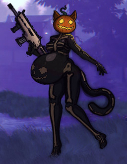 anthro belly big_belly black_body breasts female food for_a_head fruit glowing glowing_eyes gun holding_gun holding_object holding_ranged_weapon holding_rifle holding_weapon humanoid_hands looking_at_viewer markings navel outie_navel outside plant pregnant pregnant_anthro pregnant_female pumpkin pumpkin_head ranged_weapon rifle skeleton_(marking) solo standing tail thin_tail weapon moscoviumdraws epic_games fortnite fortnite:_battle_royale spice_(fortnite) domestic_cat felid feline felis hybrid mammal object_head 2025 digital_drawing_(artwork) digital_media_(artwork) english_description hi_res