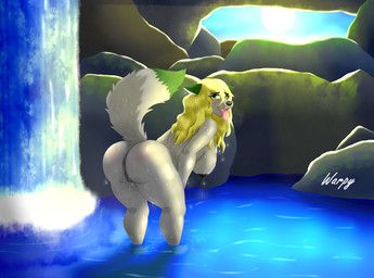 anthro anus areola black_areola black_nose blonde_hair blush breasts butt cave dipstick_tail dripping female fur genitals green_ears green_eyes green_tail_tip grey_body grey_fur hair inner_ear_fluff light light_beam looking_at_viewer markings moss plant pose presenting presenting_anus presenting_hindquarters presenting_vulva raised_tail rock solo sun sunbeam sunlight tail tail_markings tongue tongue_out tuft vulva water waterfall waterfall_shower wet wet_body wet_hair white_inner_ear_fluff warpy_(artist) nanaki_azakee