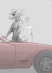 anthro blue_eyes blush breasts car female fur mask solo tail text vehicle zeptophidia noble_(nobledreameater) canid canine canis domestic_dog fox mammal skulldog_(species) wolf absurd_res hi_res