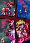 absurd_res after_sex blonde_hair blush bodily_fluids breath_of_the_wild comic cum cum_on_ear cum_on_face cum_on_hand dialogue duo ear_piercing english_text erection exclamation_point genital_fluids genitals hair heart_symbol hi_res humanoid hylian link male male/male mammal marine multi_genitalia multi_penis nintendo penis piercing prince_sidon pupils raining size_difference slit_pupils text the_legend_of_zelda vein vonboche zora